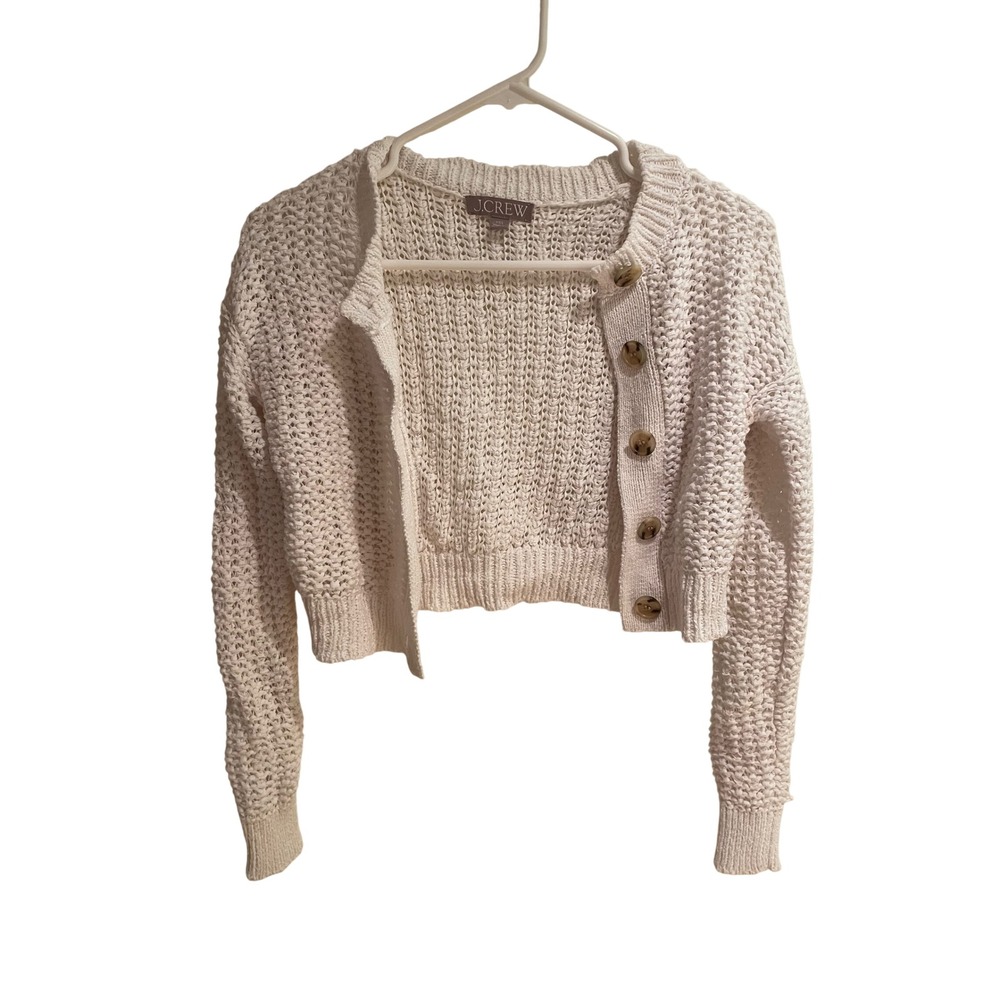 J.Crew Womens XXS Open Knit Cropped Cardigan Sweater Cream Ivory Button Front
